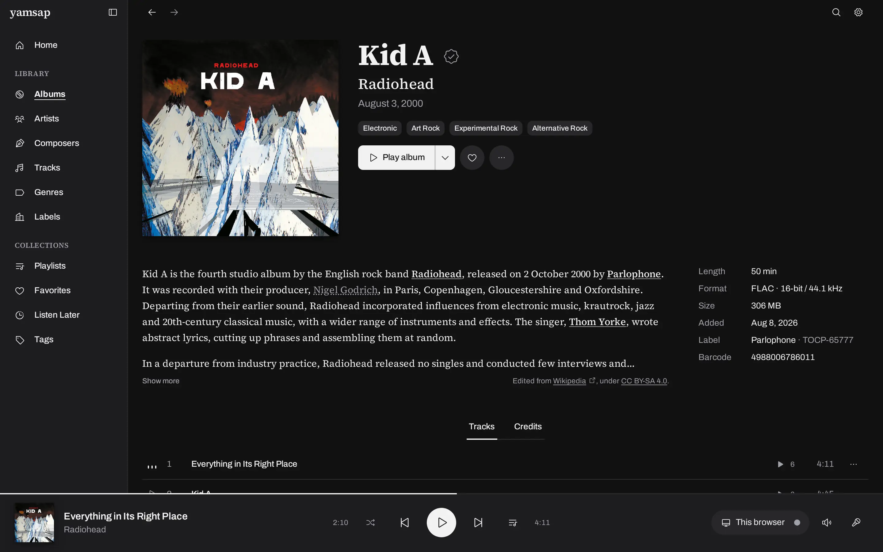 A yamsap album page showing cover art, the track list, credits and the record label