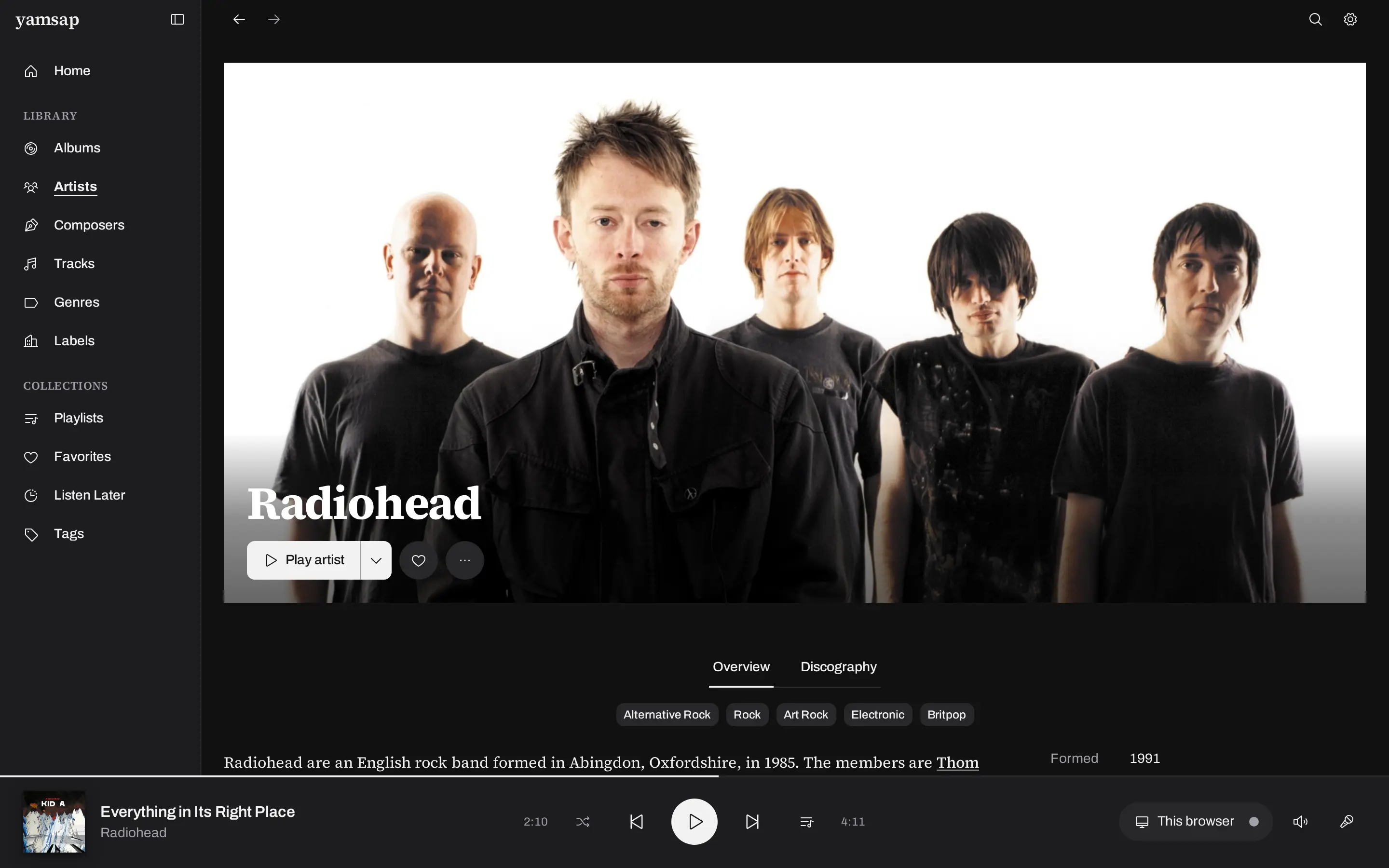 A yamsap artist page with a full-width band photograph, genre chips and a biography