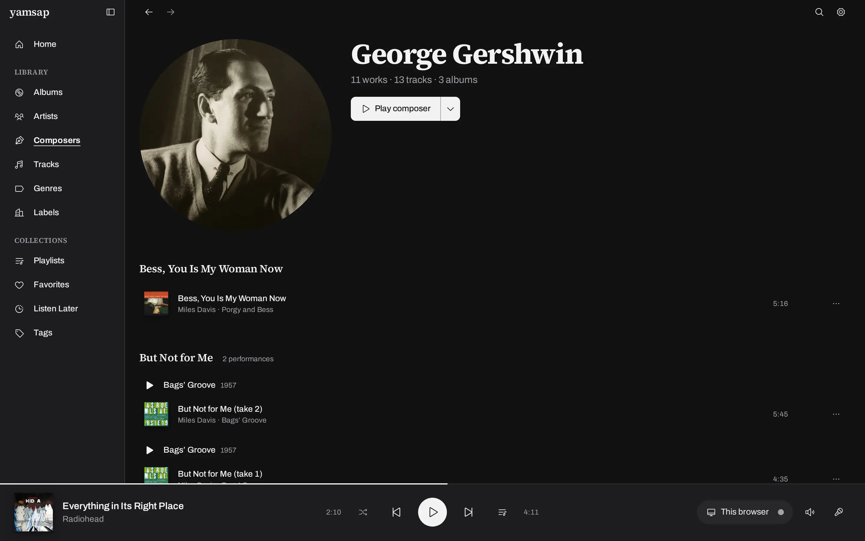 A composer page for George Gershwin, listing his works with every performance of each one in the library