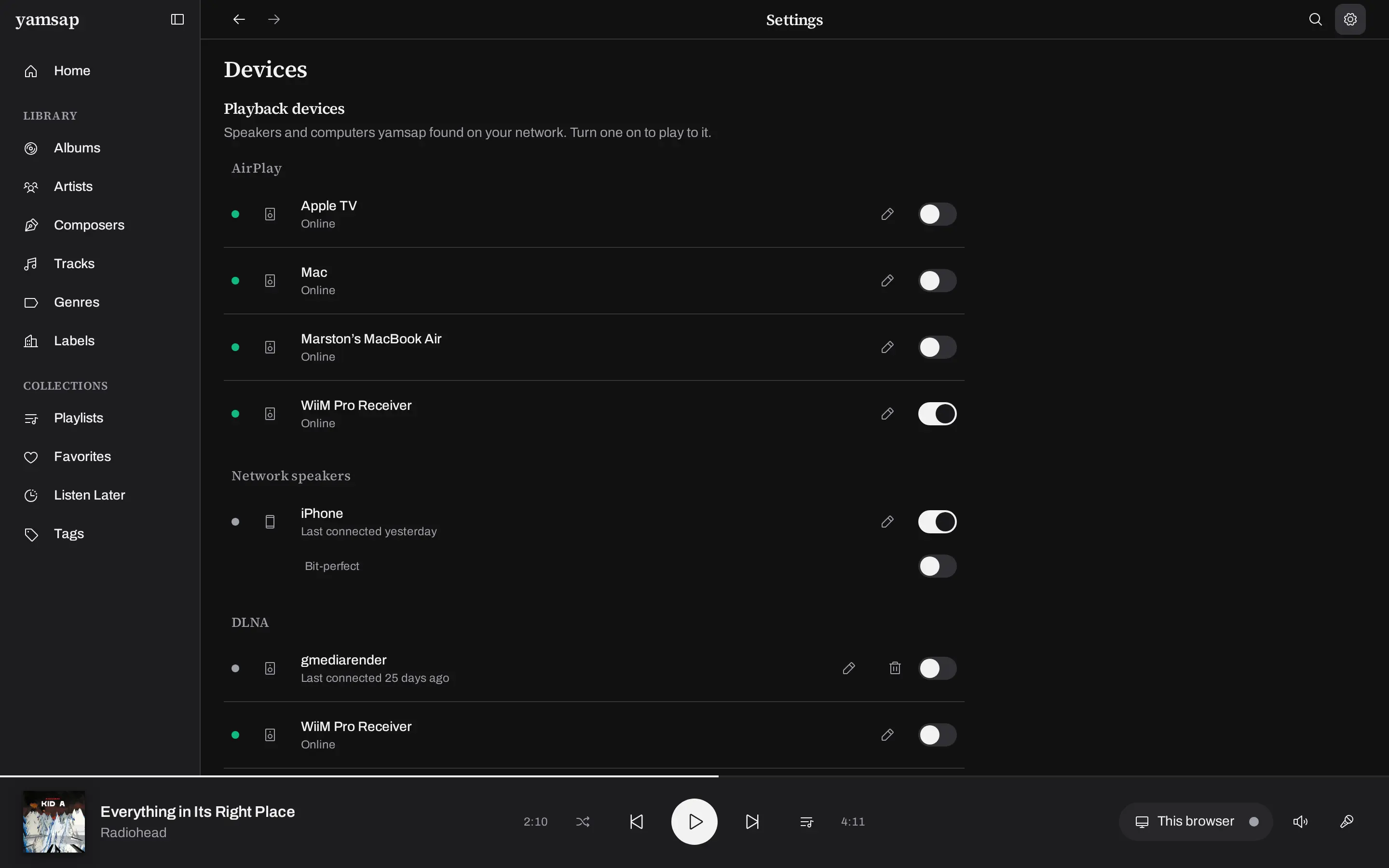 The yamsap devices settings, grouping found hardware by how it is reached, with a switch on each one