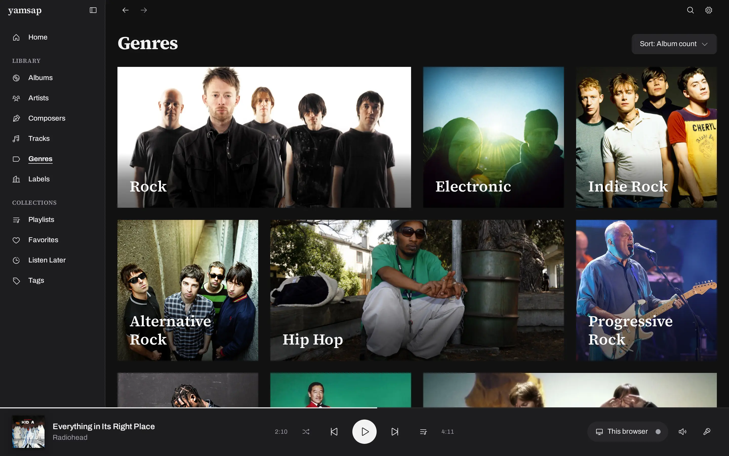 The genres page: large photographic tiles for Rock, Electronic, Indie Rock and more