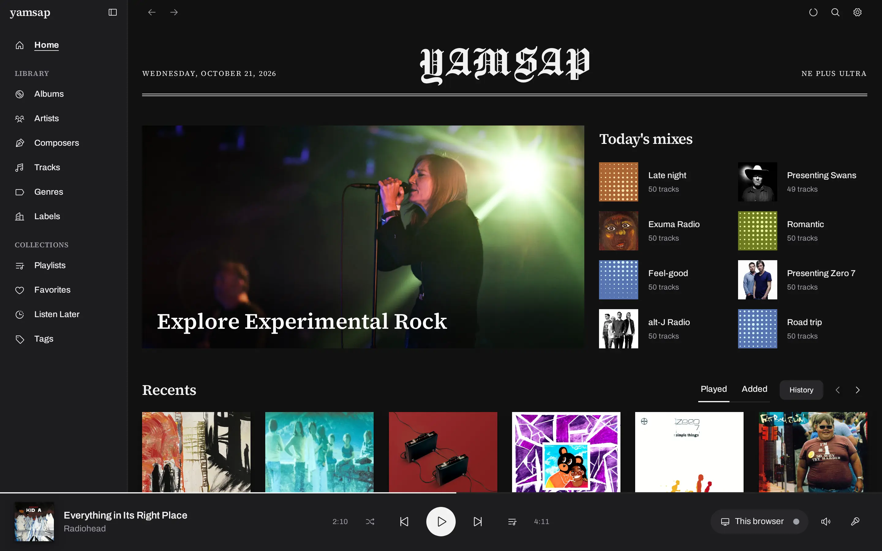 The yamsap home screen: a featured genre, today's mixes and recently played albums