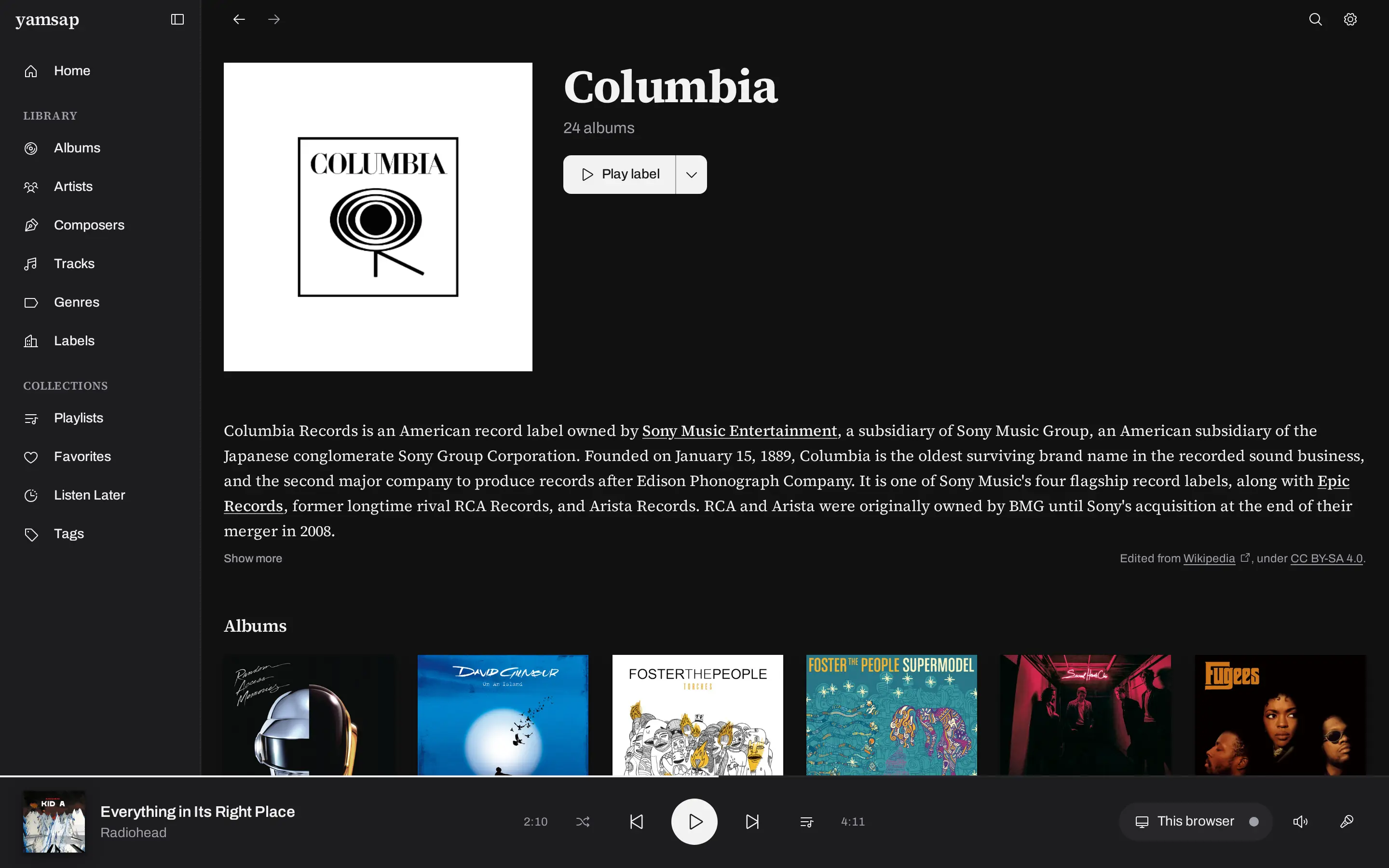 A label page for Columbia with its mark, a history of the label and a grid of the albums it pressed