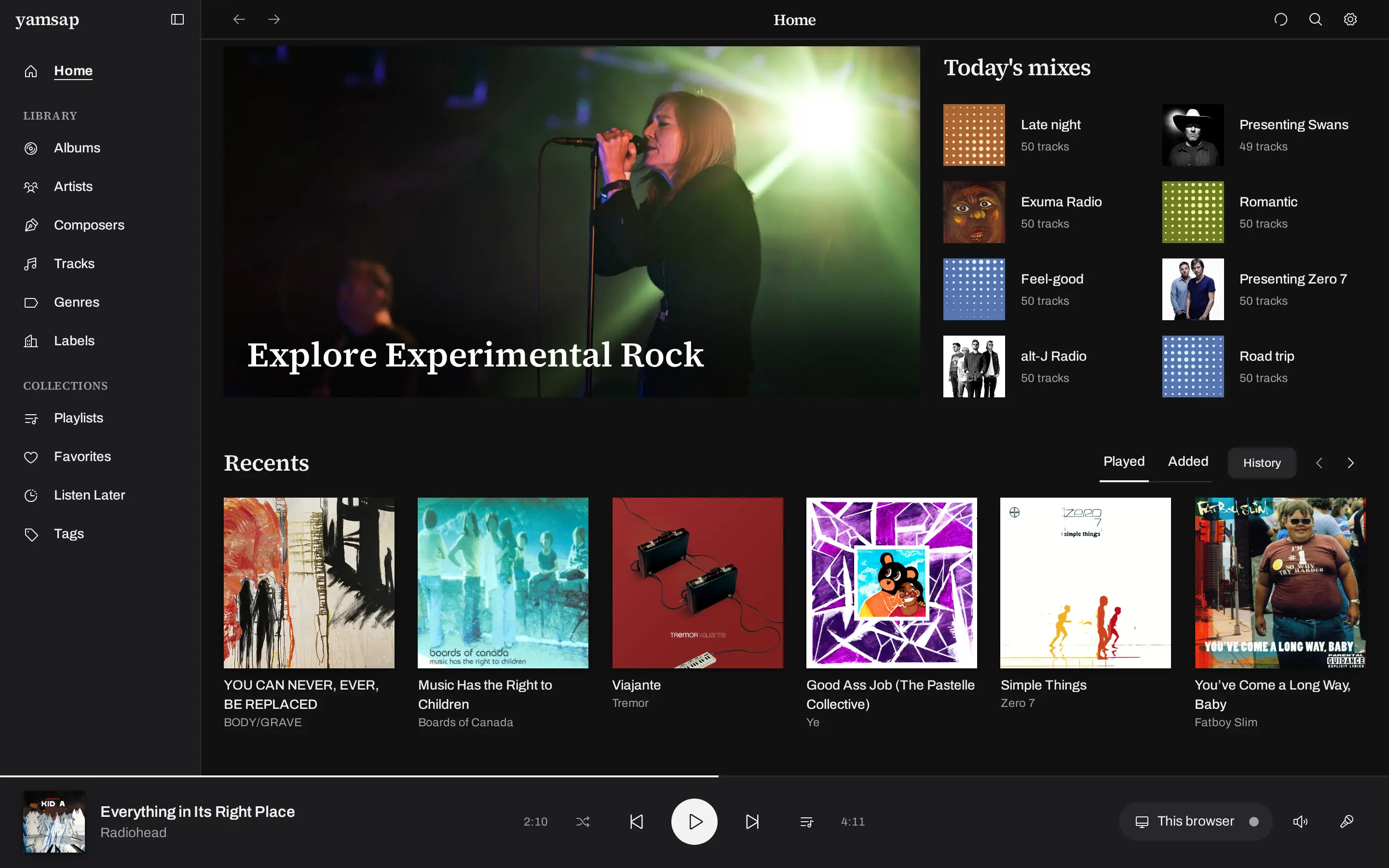 Today's Mixes on the home screen: daily mixes, spotlights and artist radio beside a featured genre