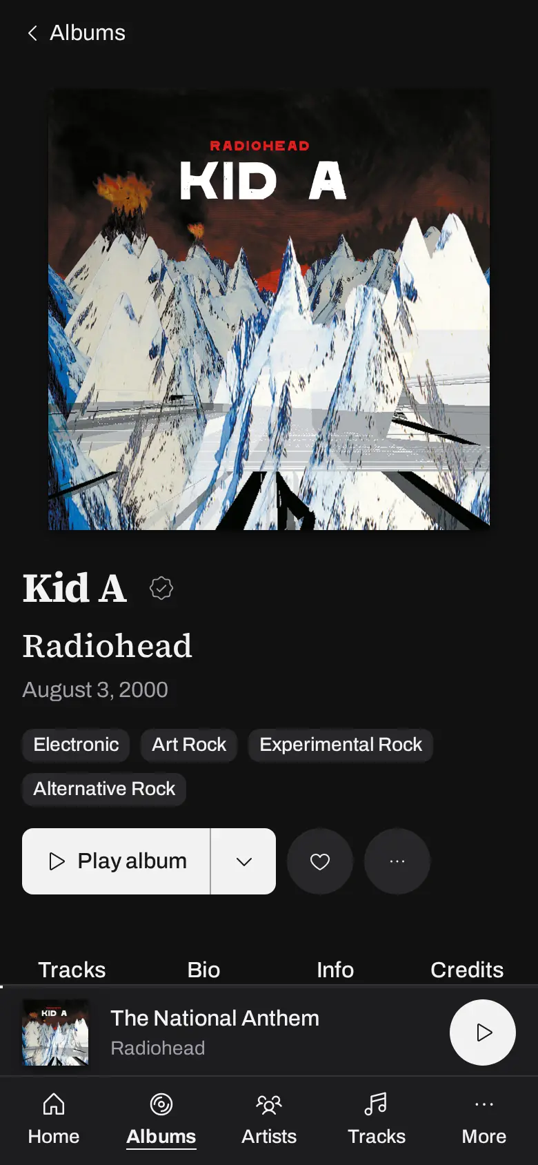 An album page in yamsap on a phone, with cover art, track list and credits