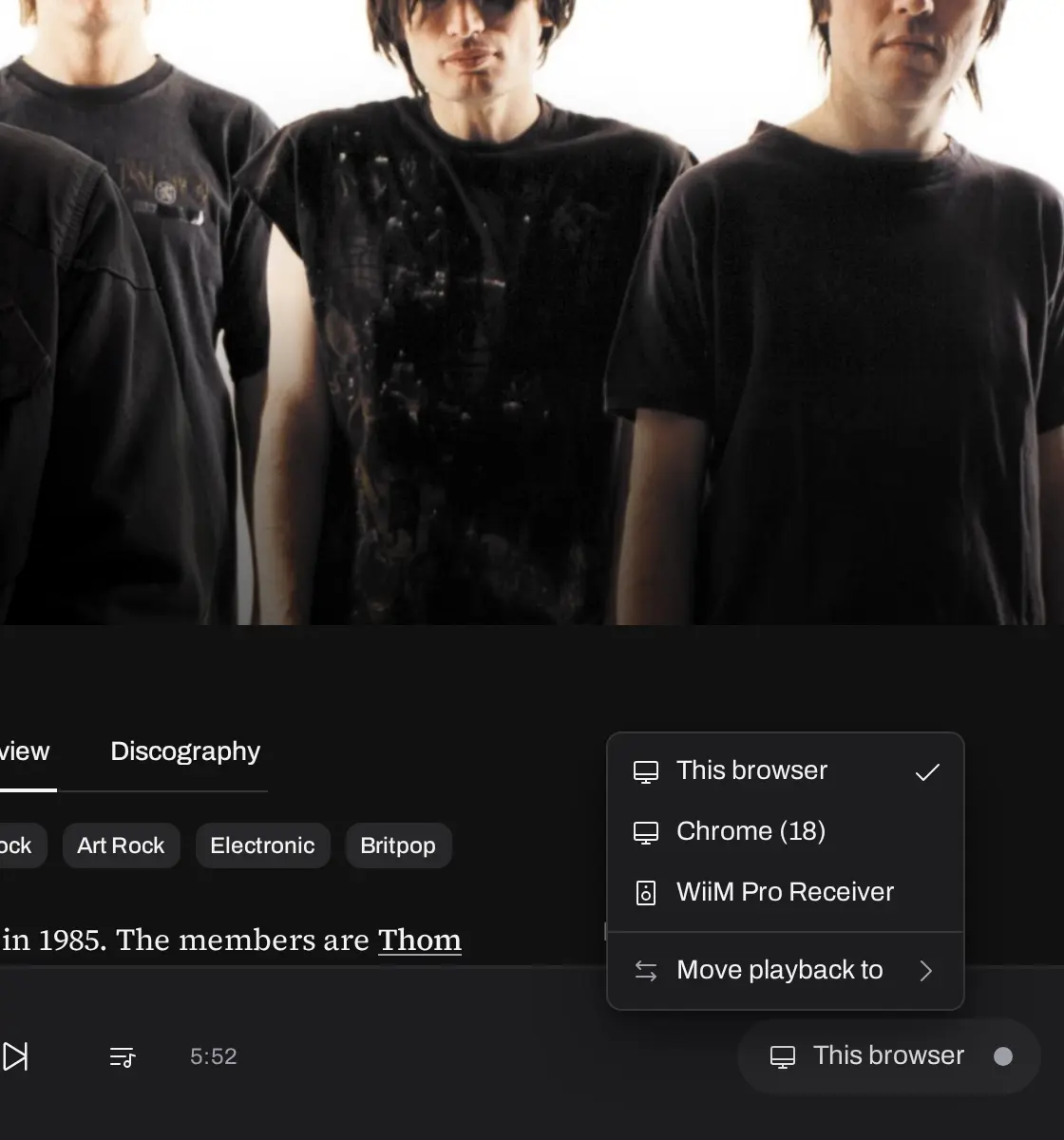 The zone picker listing two browsers and a network speaker as playback targets